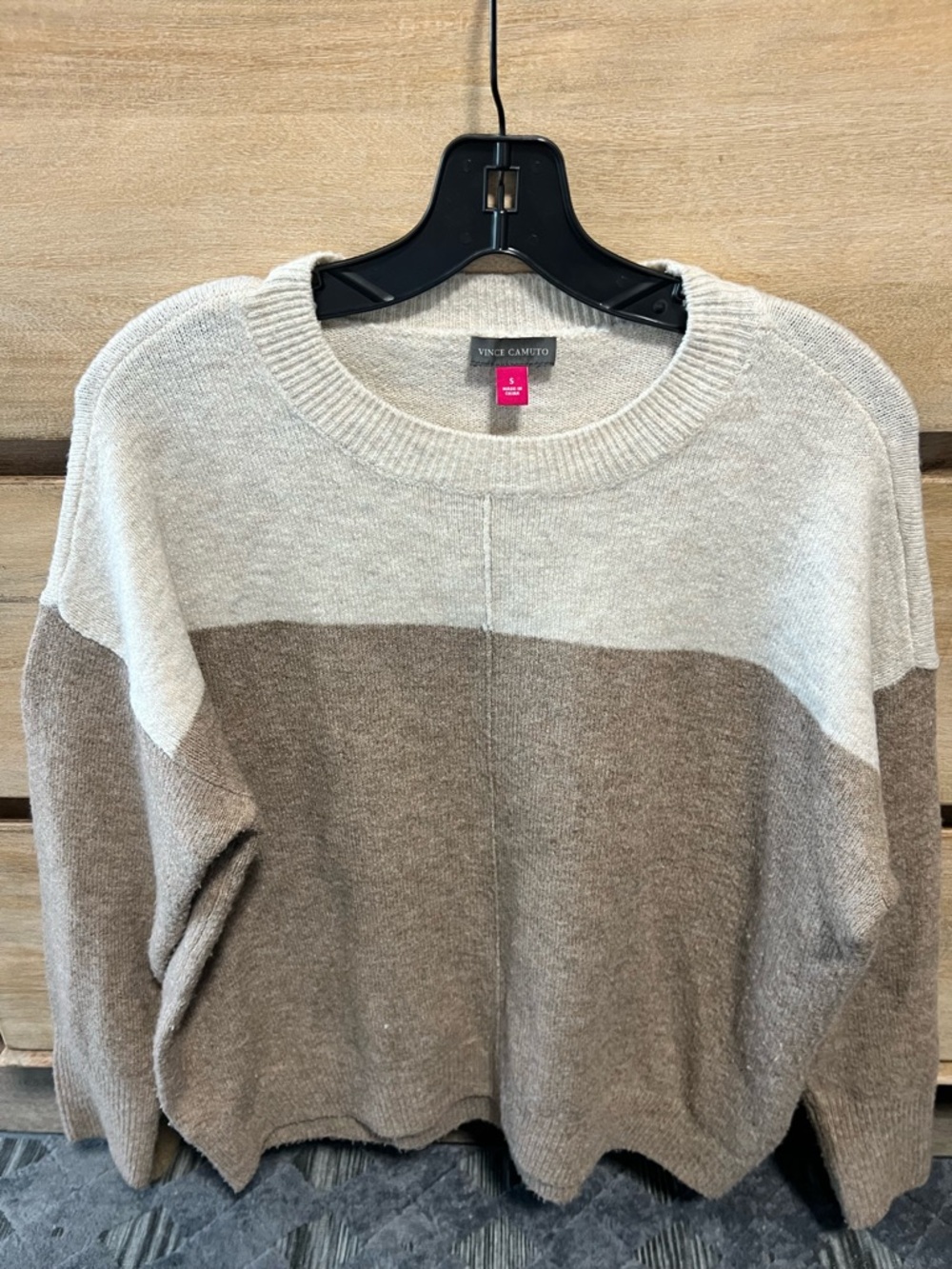Vince Camuto Two-Tone Crewneck Sweater in White and Tan - Picture 2 of 2
